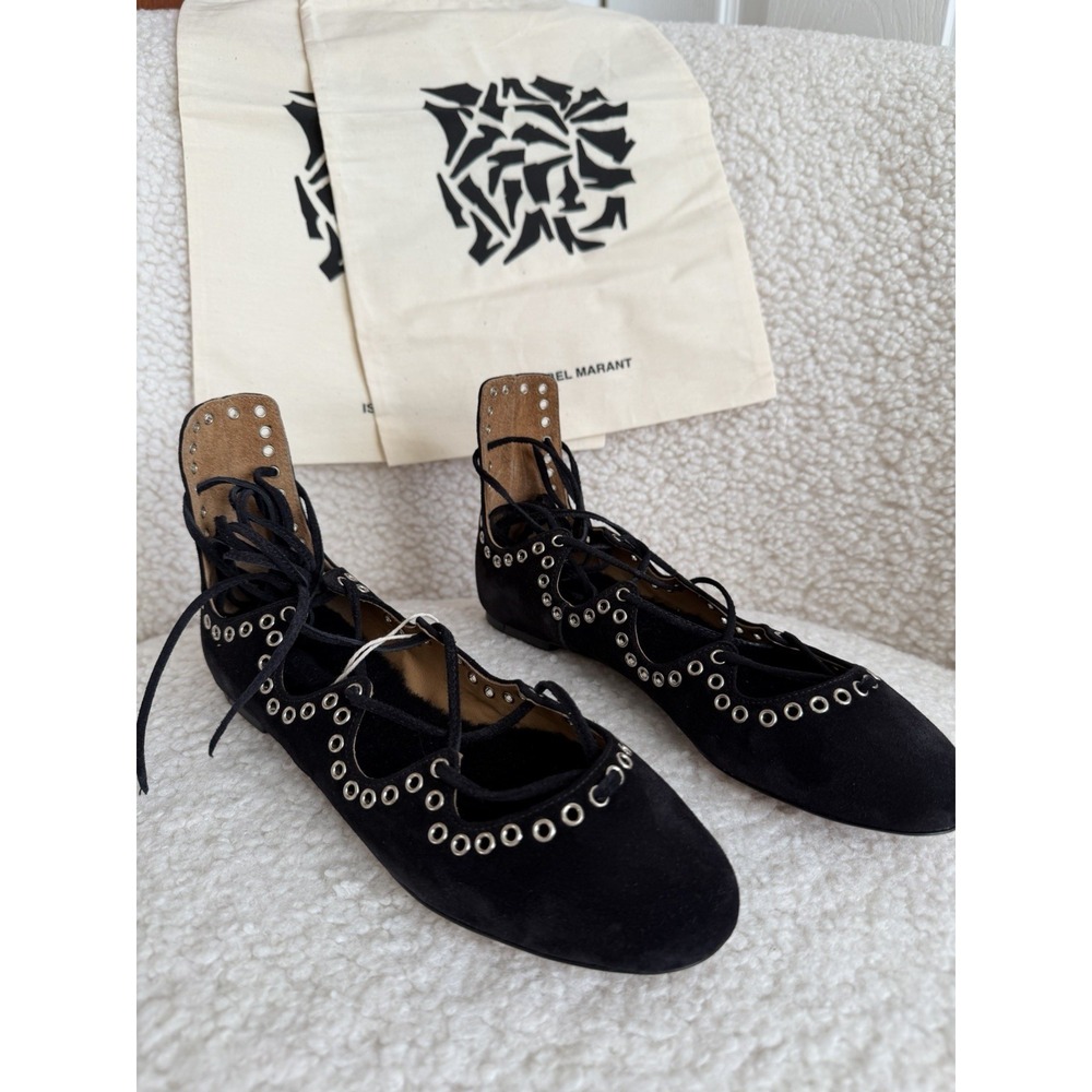 NWT Isabel Marant -‎ Black Suede Leo Eyelet Lace Up Ballet Flats Size 35